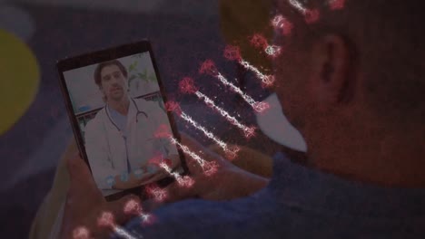 Animation-of-dna-strand-spinning-over-man-on-tablet-video-call
