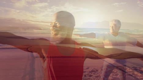 Animation-of-glowing-spots-over-happy-african-american-senior-couple-exercising-on-beach