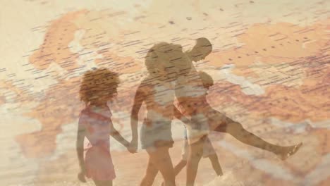 Animation-of-happy-african-american-family-walking-at-beach-over-map