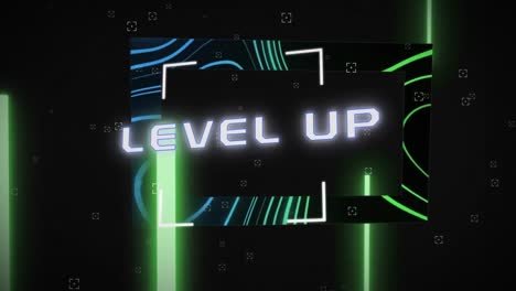 Animation-of-level-up-text-in-white-neon-frame-over-glowing-square