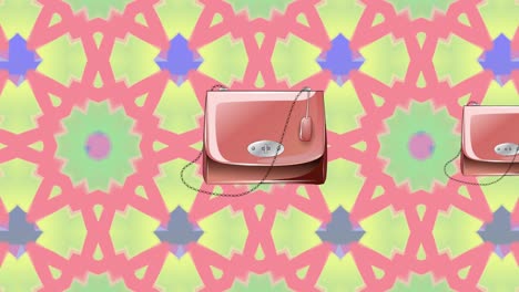 Animation-of-pink-handbags-over-colourful-kaleidoscopic-background