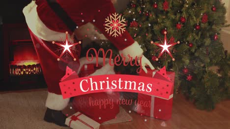 Animación-De-Texto-De-Feliz-Navidad-Sobre-Papá-Noel-Con-Regalos-Y-árbol-De-Navidad.