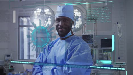 Animation-Von-Covid-19-Zellen-Und-Daten-über-Einen-Männlichen-Afroamerikanischen-Chirurgen-Im-Krankenhaus