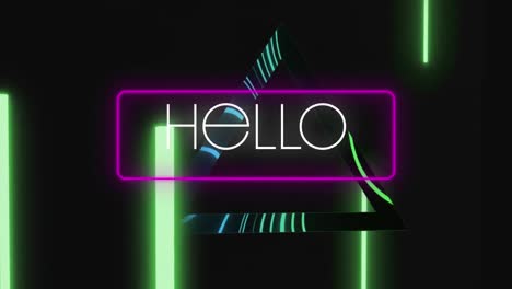 Animation-of-hello-text-in-pink-neon-frame-over-glowing-triangle