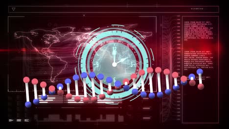 Animation-of-dna-strand-spinning,-clock-over-globe-and-data-processing-on-screen