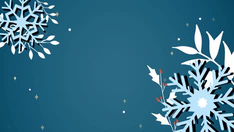 Animation-of-christmas-decorations-with-copy-space-and-snow-falling-on-blue-background