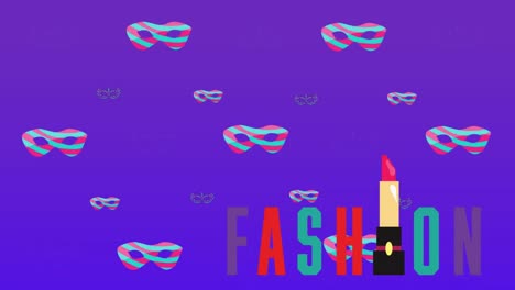 Animation-of-fashion-text-with-lipstick-over-striped-masquerade-masks-on-purple-background