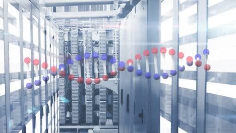 Animation-of-dna-strand-spinning-and-data-processing-over-tech-room-with-computer-servers