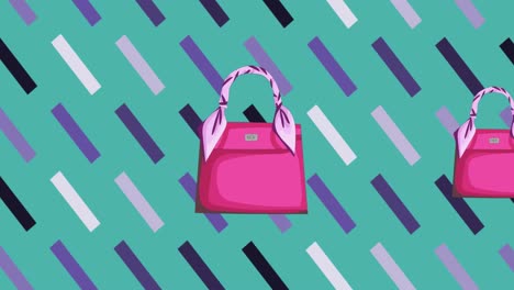 Animation-of-pink-handbags-over-abstract-patterns-on-blue-on-background