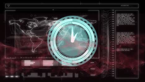 Animation-of-clock-over-world-map-and-data-processing-on-screen