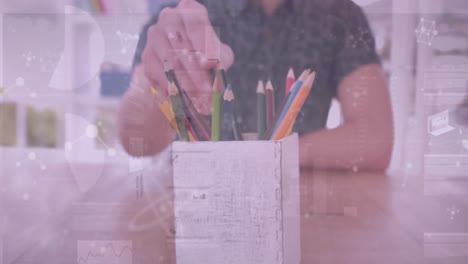 Animation-of-diverse-data-over-hands-of-business-colleagues-taking-pencils-from-box
