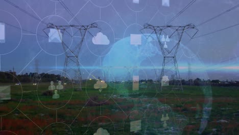 Animation-of-network-of-connections-with-icons-and-globe-over-electricity-pylons