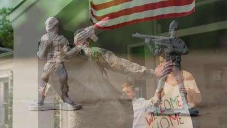 Animation-of-happy-caucasian-family-with-american-flags-over-toy-soldiers