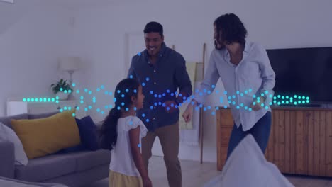 Animation-of-happy-biracial-family-dancing-over-light-spots