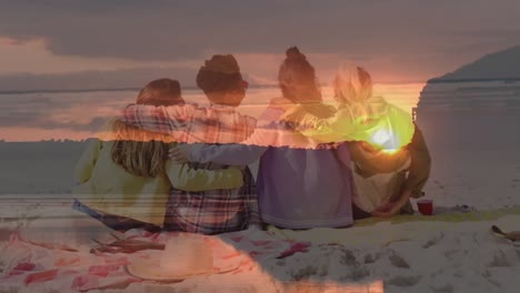 Animation-of-diverse-female-friends-sitting-at-beach-over-landscape