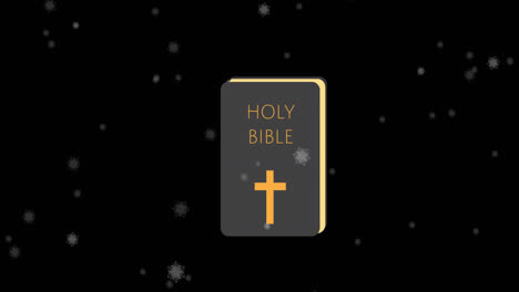 Animation-of-snow-and-bible-on-black-background