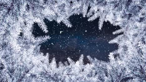 Animation-Eines-Weihnachtlichen-Weißen-Tannenbaumrahmens-über-Schnee,-Der-Auf-Schwarzen-Hintergrund-Fällt