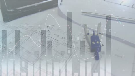Animation-Von-Statistiken-Und-Finanzdatenverarbeitung-über-Architektenplänen-Und-Kompass
