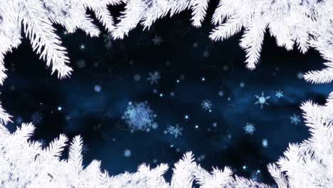 Animation-Eines-Weihnachtlichen-Weißen-Tannenbaumrahmens-über-Schnee,-Der-Auf-Dunkelblauen-Hintergrund-Fällt