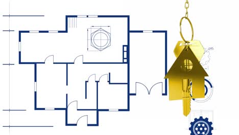 Animation-Eines-Goldenen-Hausschlüsselanhängers-Und--schlüssels-über-Blauem-Grundriss-Auf-Weißem-Hintergrund