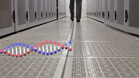 Animation-of-dna-chain-over-person-walking-in-server-room