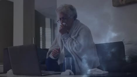 Animation-of-senior-caucasian-woman-coughing-at-home-over-storm