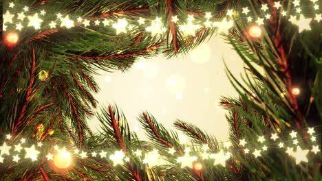 Animation-Von-Lichtflecken-über-Dem-Weihnachtstannenrahmen-Mit-Sternen