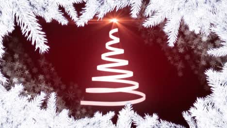 Animation-Des-Weihnachtlichen-Weißen-Tannenbaumrahmens-über-Dem-Weihnachtsbaum-Auf-Rotem-Hintergrund