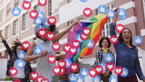 Animation-Von-Mediensymbolen-über-Glücklichen,-Vielfältigen-Menschen-Während-Des-LGBT-Protestes