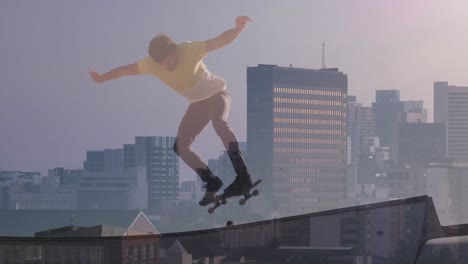 Animation-of-caucasian-boy-skateboarding-over-cityscape