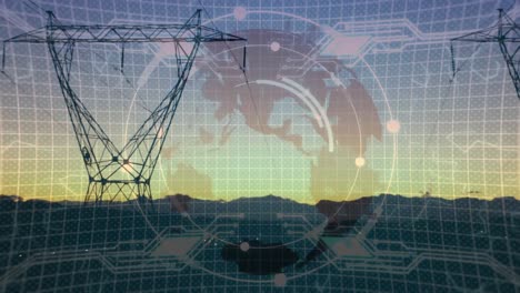 Animation-of-data-processing-and-globe-over-electricity-pylons