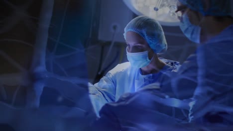 Animation-of-neurons-over-diverse-doctors-with-face-masks-during-surgery