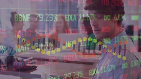 Animation-of-changing-numbers-on-stock-exchange-screen-over-caucasian-businessman-with-colleagues