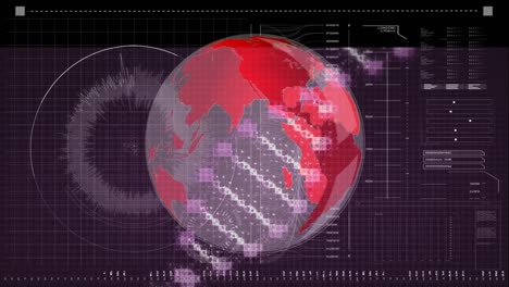 Animation-Des-Sich-Drehenden-Globus-Und-DNA-Strangs-Mit-Datenverarbeitung-Auf-Dem-Bildschirm