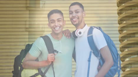 Animation-of-biracial-male-friends-smiling-over-cityscape