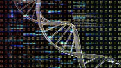 Animation-of-rotating-dna-chain-over-black-background-with-lights