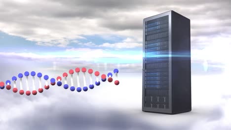 Animation-of-dna-chain,-data-processing-and-server-over-clouds