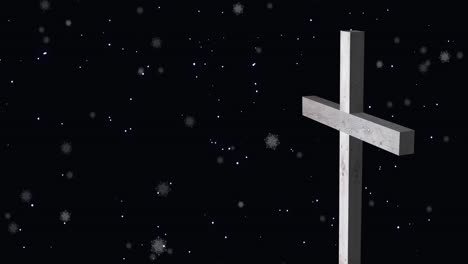 Animation-of-snow-falling-over-white-cross-on-black-background