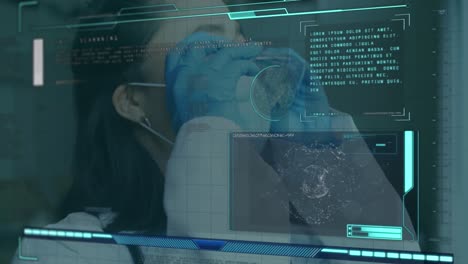 Animation-of-data-processing-over-asian-doctor-wearing-safety-goggles-and-face-mask