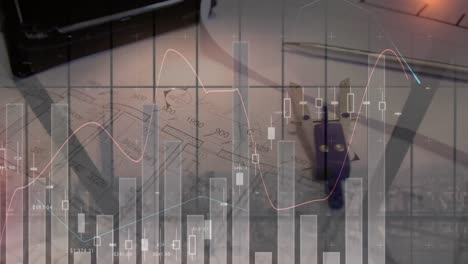 Animation-Von-Statistiken-Und-Finanzdatenverarbeitung-über-Architektenplänen-Und-Kompass