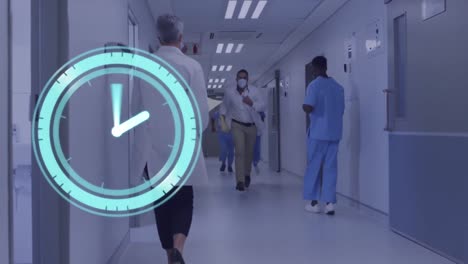 Animation-of-clock-moving-over-caucasian-doctor-with-face-mask-running