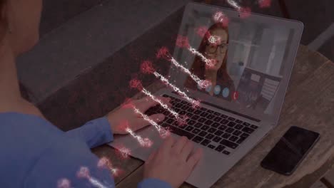 Animation-of-dna-strand-spinning-over-woman-on-laptop-video-call