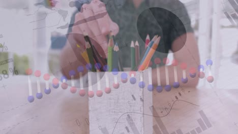 Animation-of-dna-strand,-statistics-and-data-processing-over-people-taking-colour-pencils-in-office