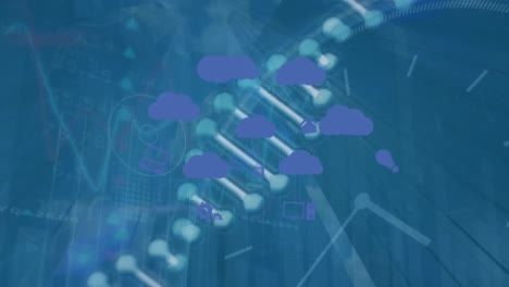 Animation-Von-Wolken-Mit-Symbolen-über-Beweglicher-Uhr-Und-DNA-Strang