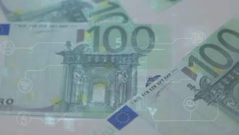 Animation-of-changing-numbers-and-virus-alert-over-falling-euro-banknotes