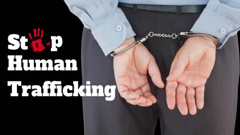 Animation-of-stop-human-trafficking-text-over-caucasian-man-with-handcuffs