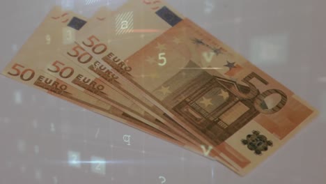 Animation-of-changing-numbers-and-virus-alert-over-falling-euro-banknotes