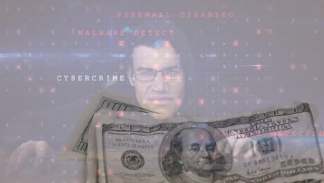 Animation-of-cyber-crime-warning-and-hacker-over-falling-dollar-banknotes