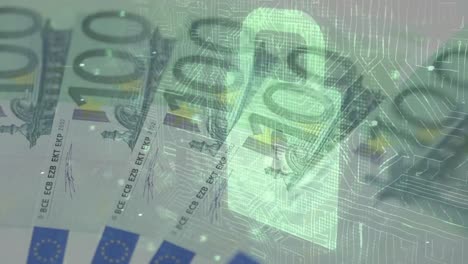 Animation-of-changing-numbers-and-security-padlock-over-hand-stacking-euro-banknotes