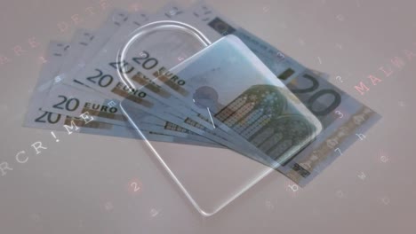Animation-of-numbers-and-security-padlock-over-falling-euro-banknotes